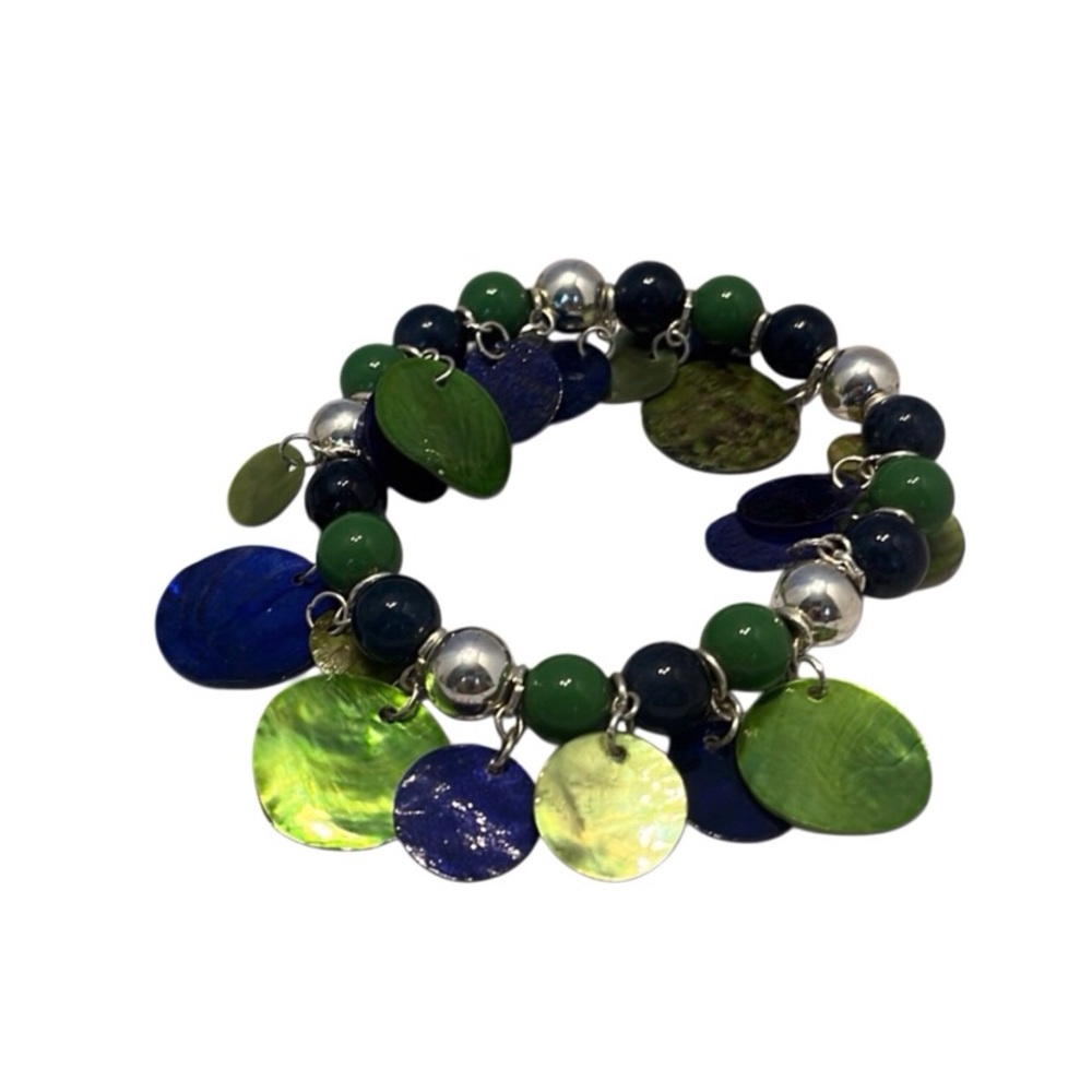 Stretch Trinket Bracelet. Blue, Green Silver Beads w/ Blue/Green Acrylic Discs